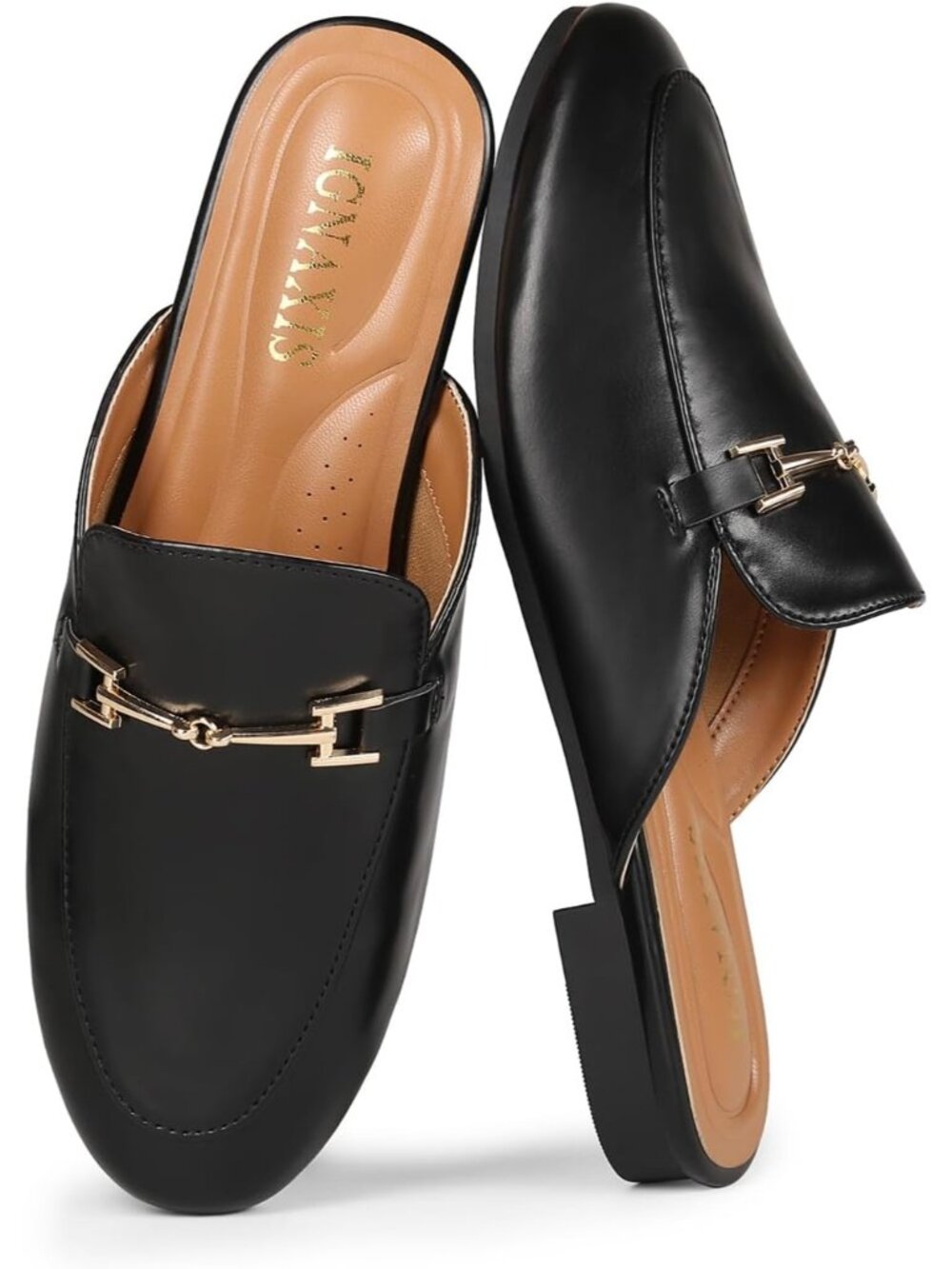 Women's Black Leather Flats Round Toe Mules Buckle Slip on Backless Loafer